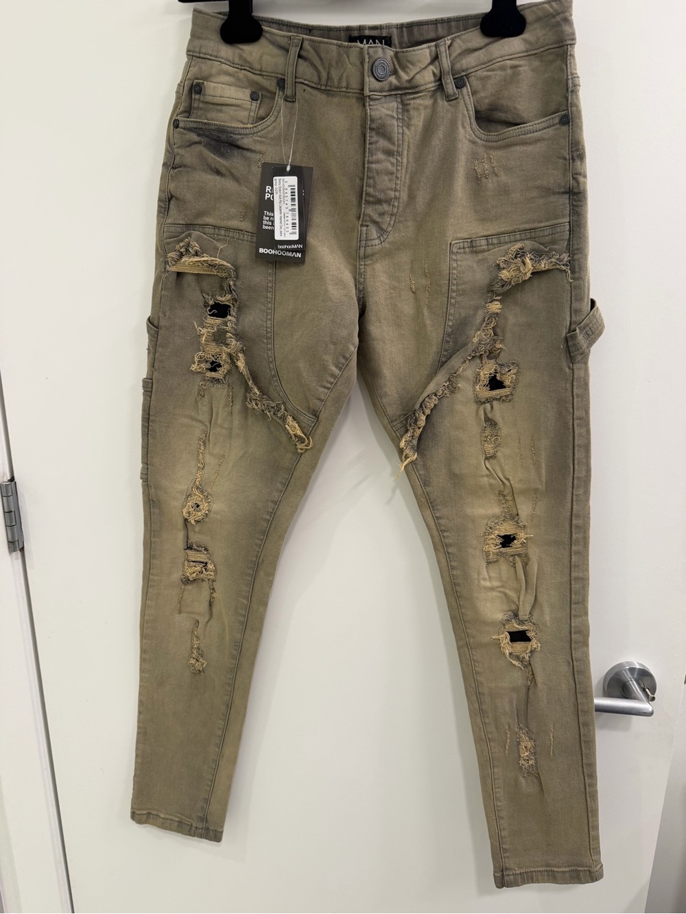Boohoo Olive Green Distressed Cargo Jeans